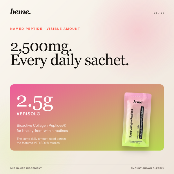 2.5g VERISOL collagen peptides in every BeMe GLOW daily sachet