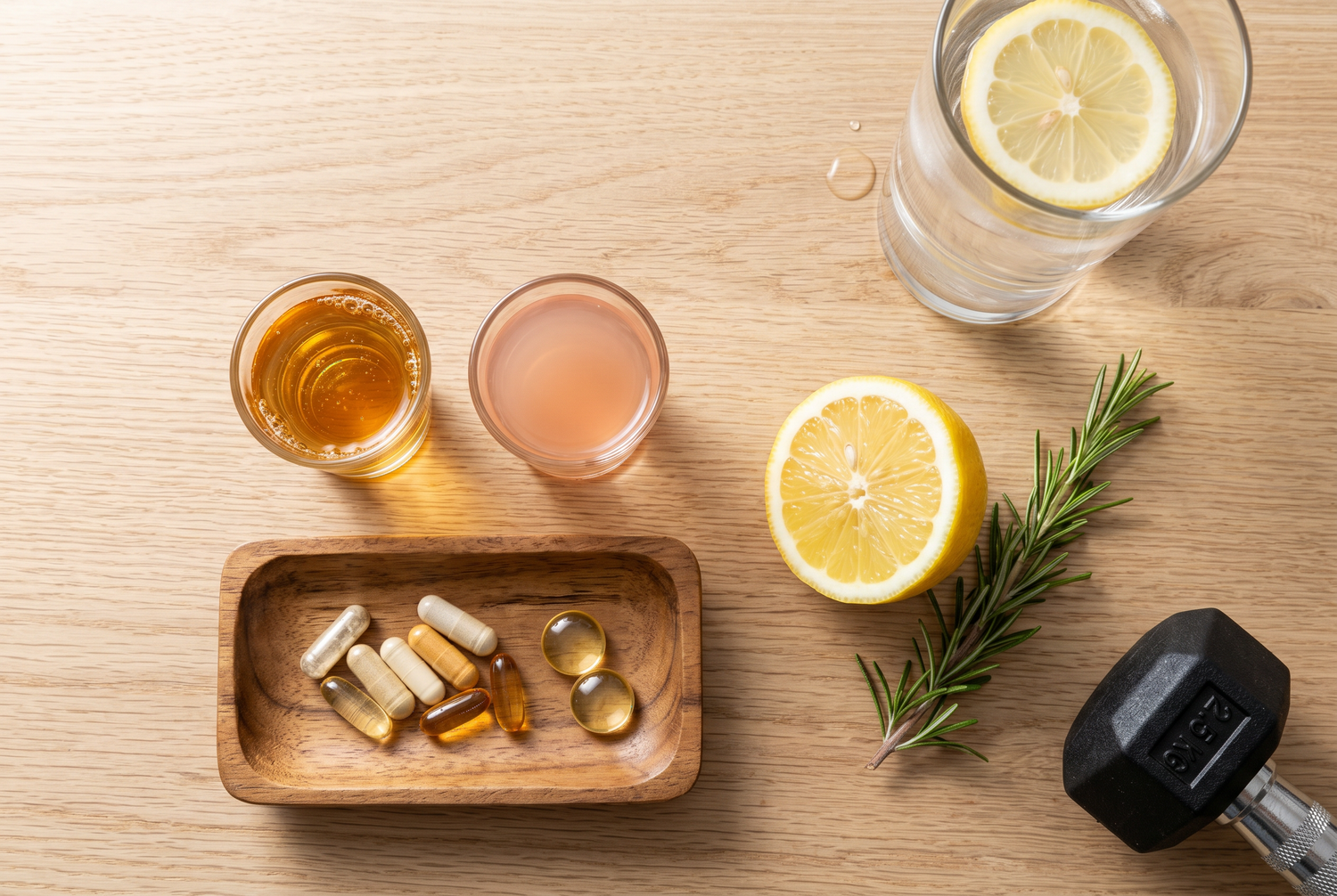 Overhead flat-lay of liquid collagen shot glasses supplement capsules lemon rosemary and dumbbell on wooden surface