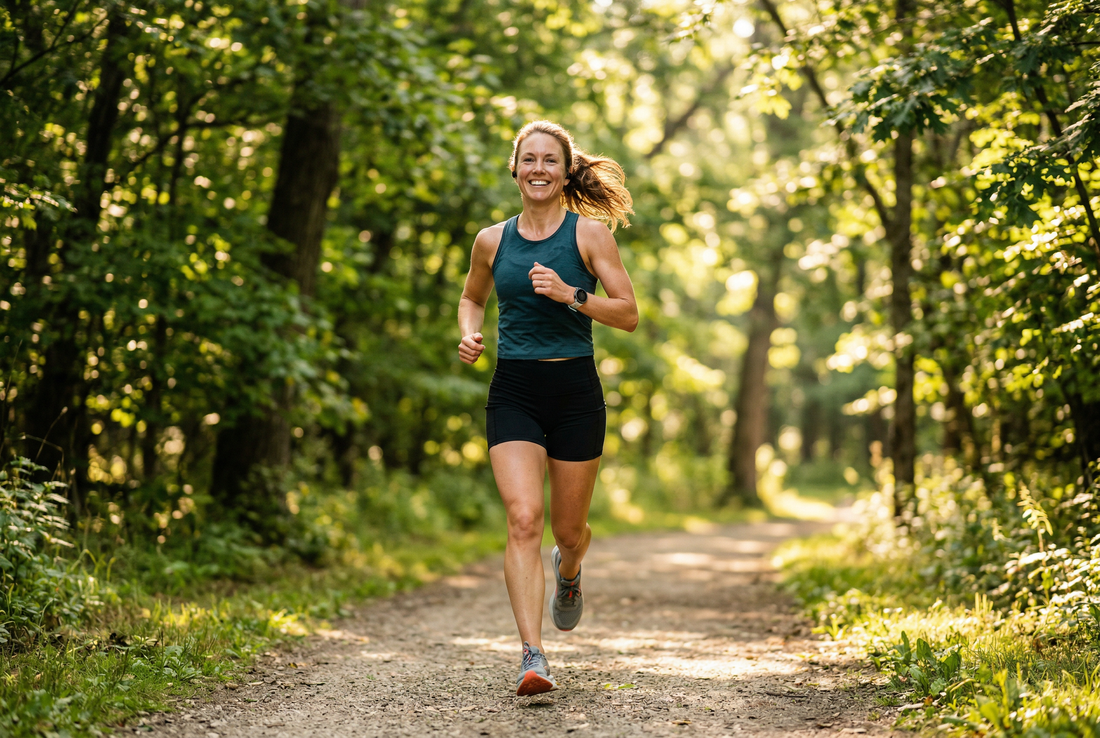 Active woman jogging through sunlit park trail with radiant healthy skin