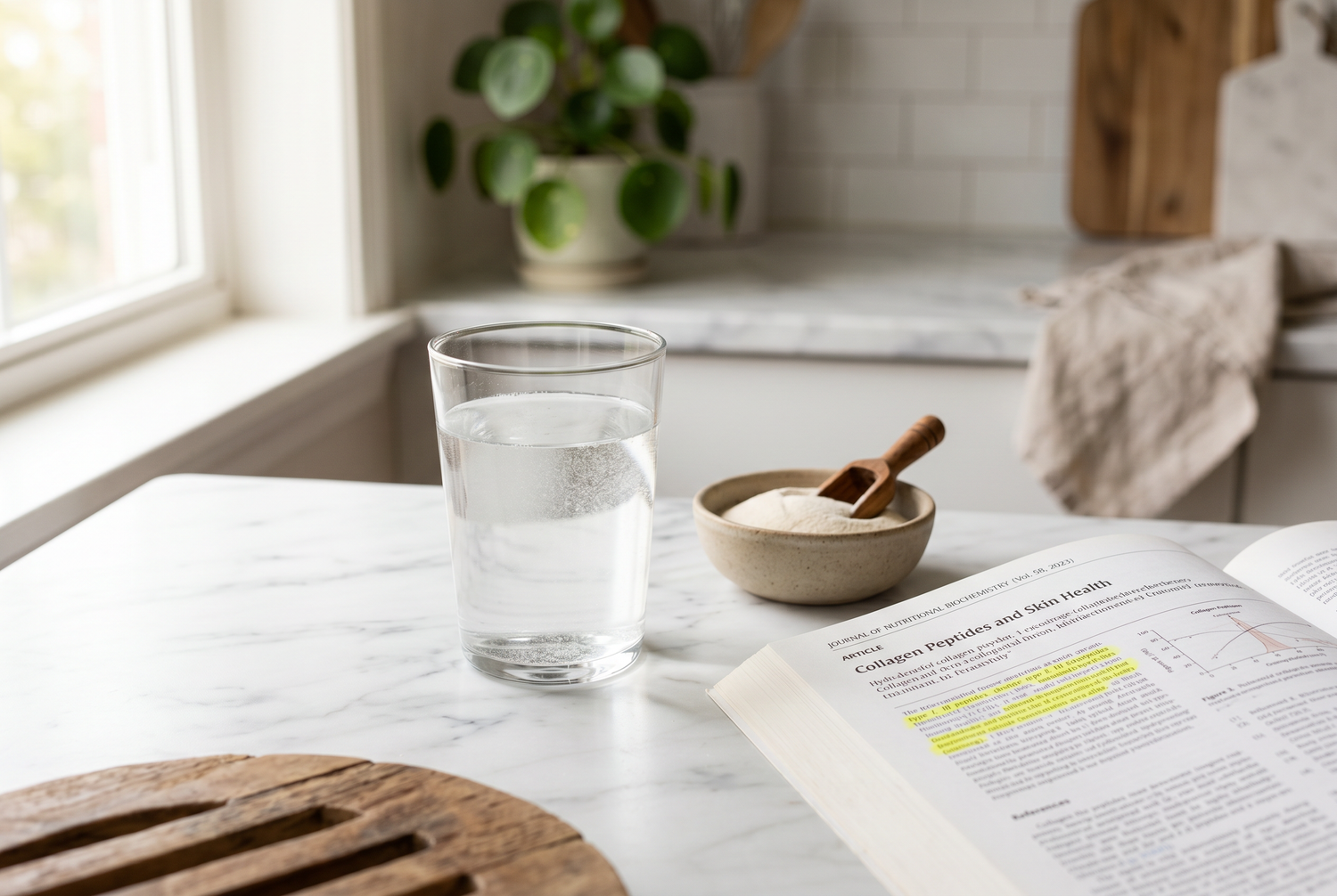 Collagen peptide powder and glass of water beside an open scientific journal on a marble countertop