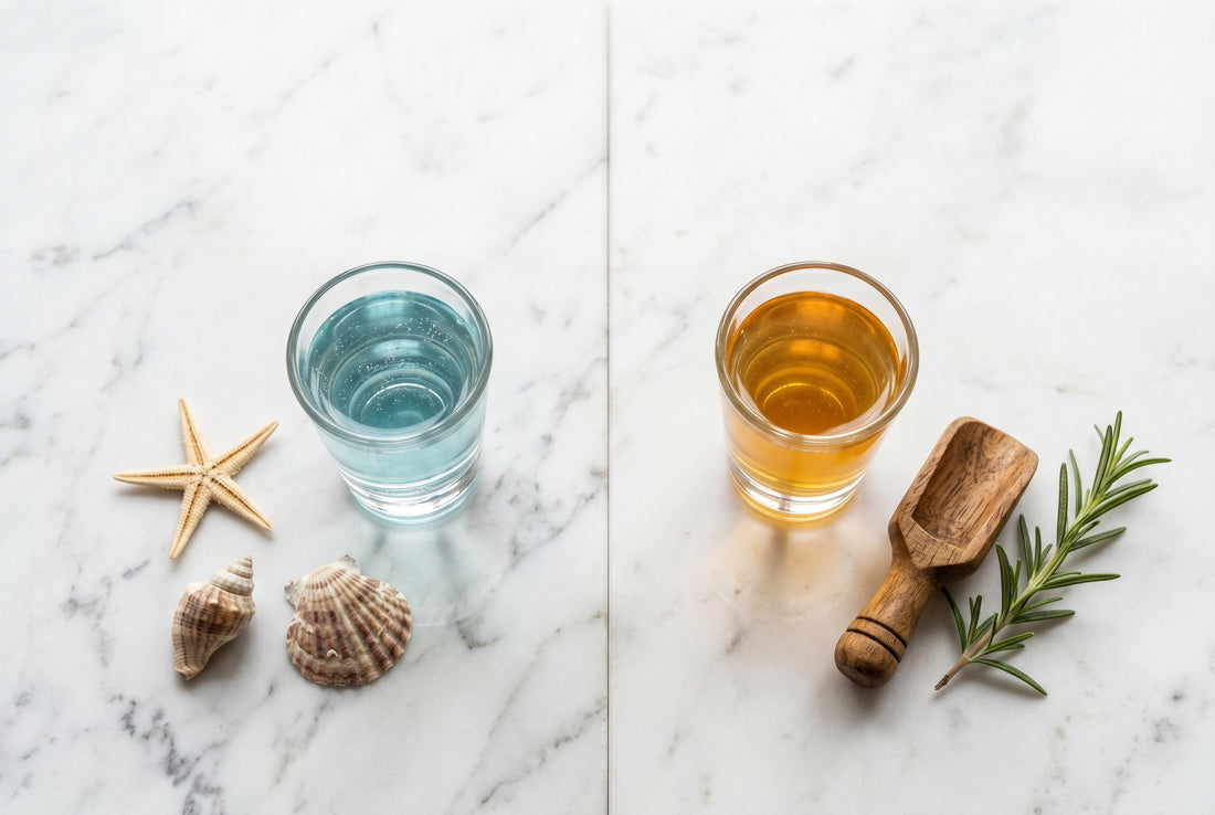 Glass shot glasses of blue marine collagen and golden bovine collagen liquid on white marble with starfish seashells and rosemary