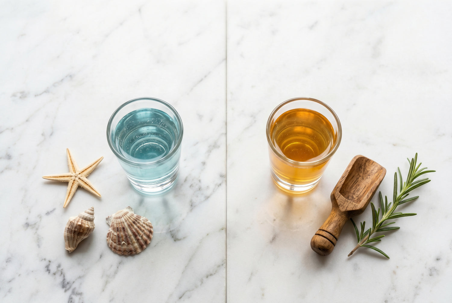 Glass shot glasses of blue marine collagen and golden bovine collagen liquid on white marble with starfish seashells and rosemary