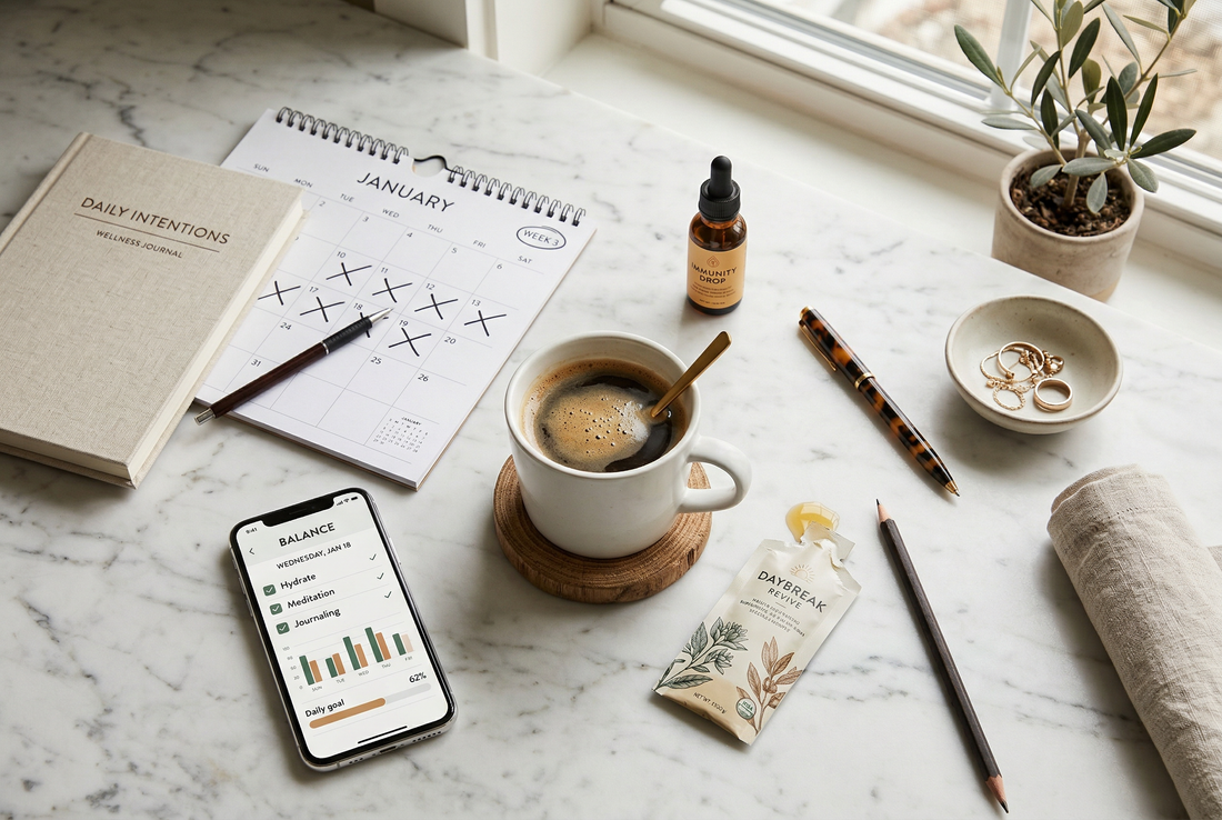 Daily wellness routine with supplement sachets and habit tracker on marble countertop