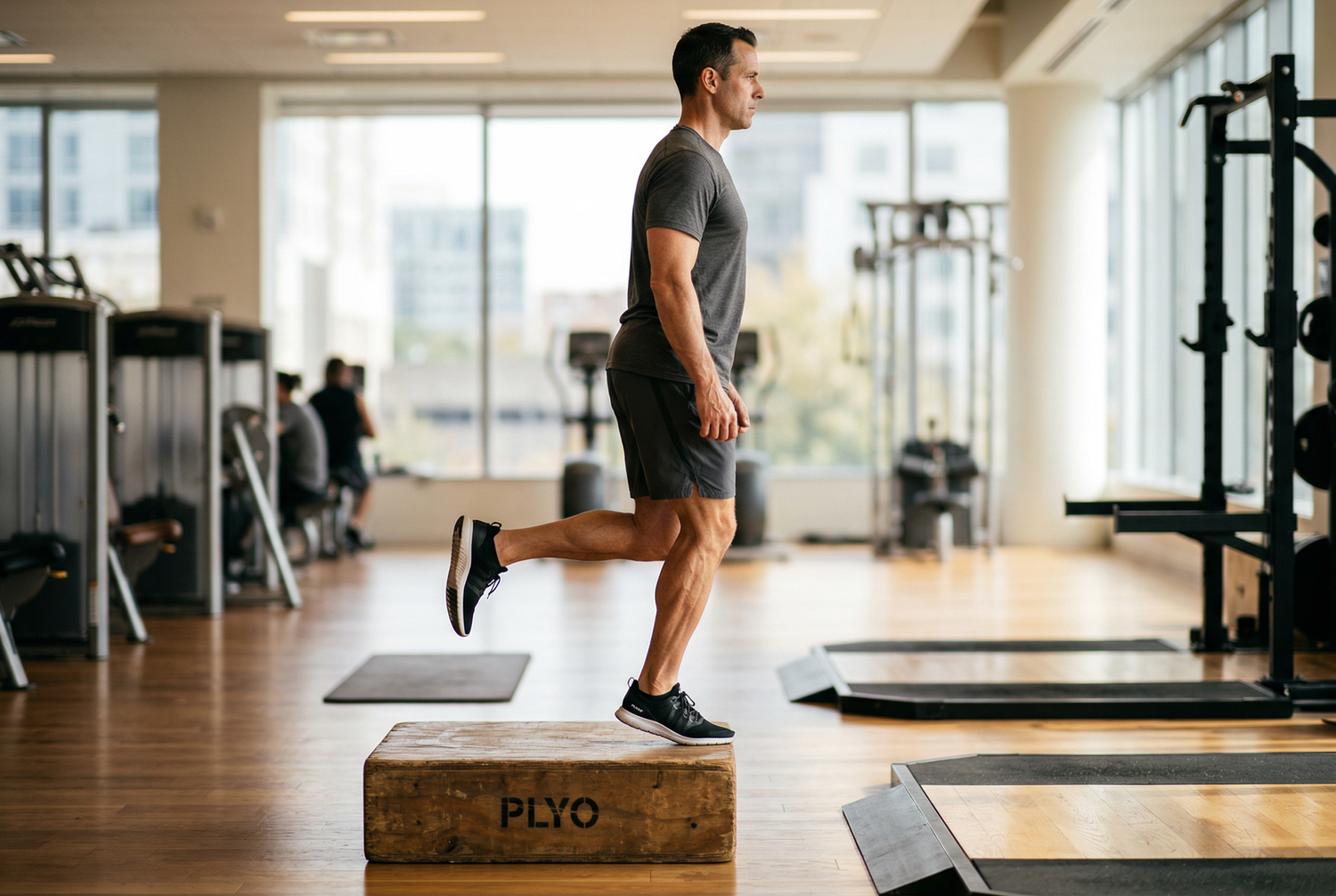 Athletic man performing single-leg calf raise demonstrating connective tissue strength and injury prevention technique