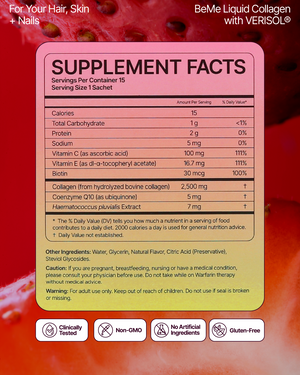 Supplement facts label for BeMe Liquid Collagen with VERISOL on a red background