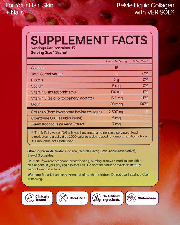 Supplement facts label for BeMe Liquid Collagen with VERISOL on a red background
