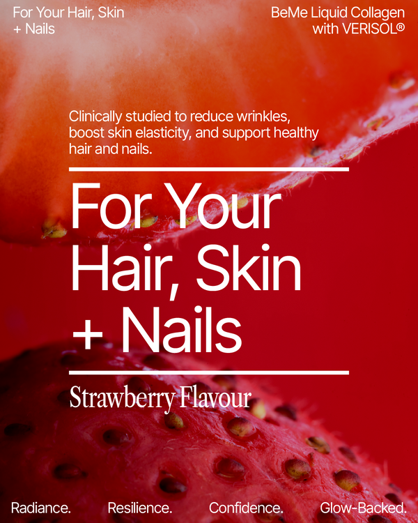 Strawberry-flavored supplement for hair, skin, and nails.