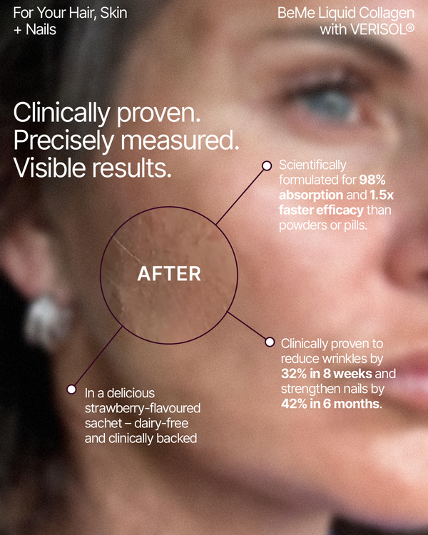 Advertisement for Beme liquid collagen product with clinical claims.