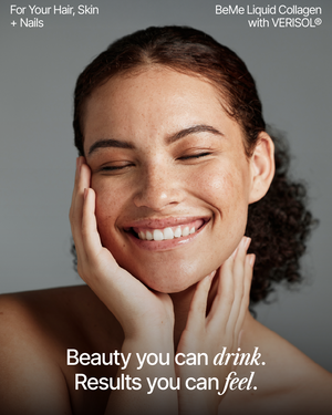 Woman with a happy expression, promoting 'BeMe Liquid Collagen' with VERISOL.