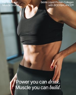 Person wearing a black sports bra and leggings with promotional text for BeMe Liquid Protein Collagen.
