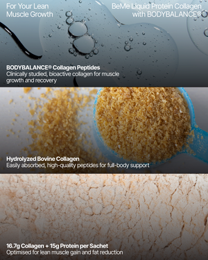 Muscle Building supplement with collagen peptides and text about muscle growth and recovery.