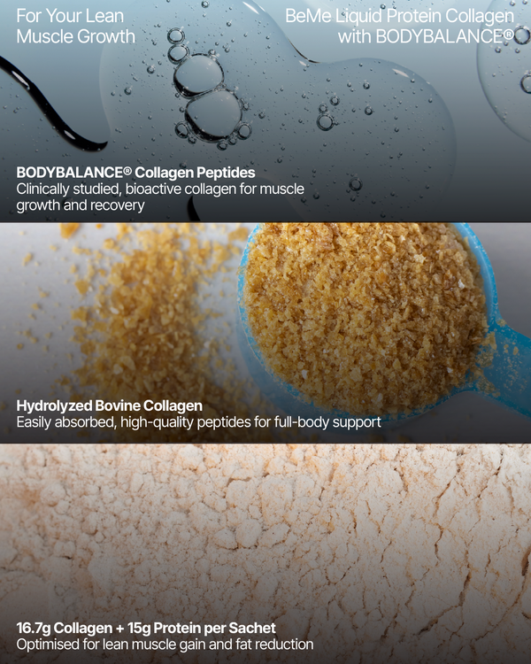 Muscle Building supplement with collagen peptides and text about muscle growth and recovery.