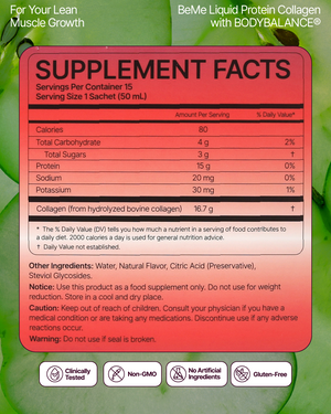 Supplement facts label for BeMe Liquid Protein Collagen on a green apple background