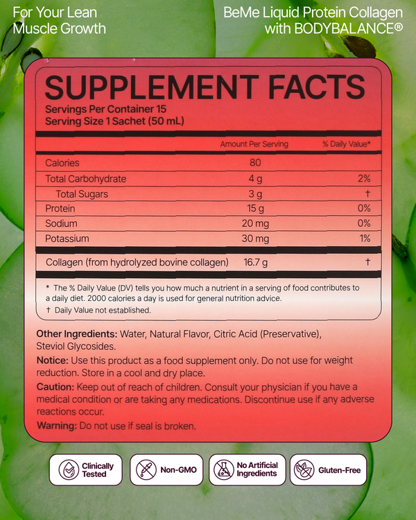 Supplement facts label for BeMe Liquid Protein Collagen on a green apple background