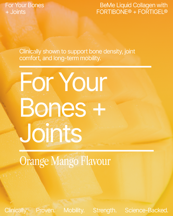 BeMe Liquid Collagen packaging with orange mango flavor text on a bright yellow background