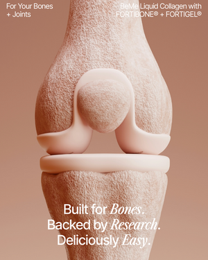 Advertisement for Beme liquid collagen supplement with a close-up of a knee on a beige background.