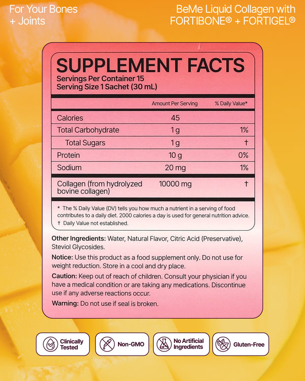 Supplement facts label for BeMe Liquid Collagen with Fortibone and Fortigel.
