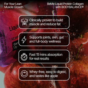 Advertisement for BeMe Liquid Protein Collagen with BODYBALANCE, showing benefits and ingredients.