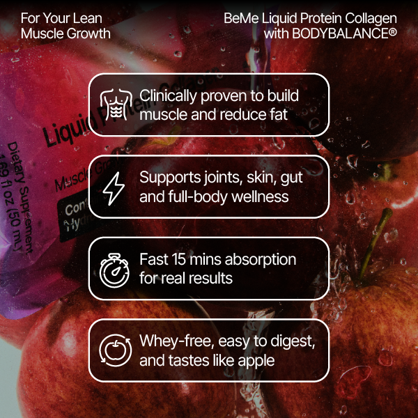 Advertisement for BeMe Liquid Protein Collagen with BODYBALANCE, showing benefits and ingredients.