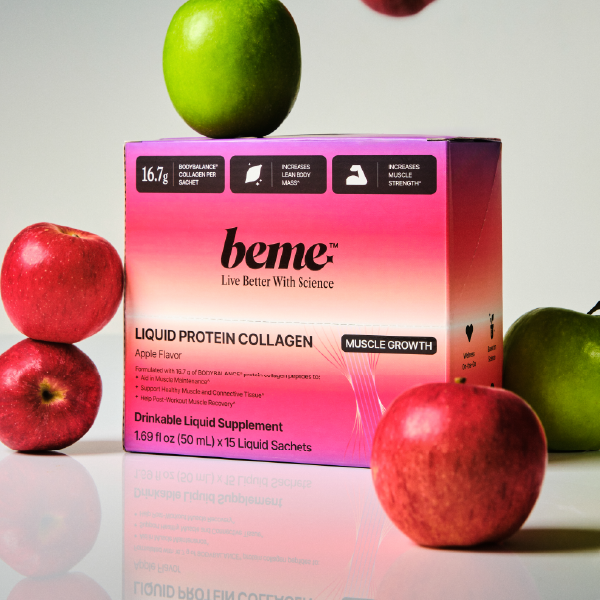 beme liquid protein collagen supplement box with apples on a reflective surface