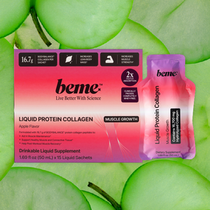 Beme Liquid Protein Collagen packaging on green apple background