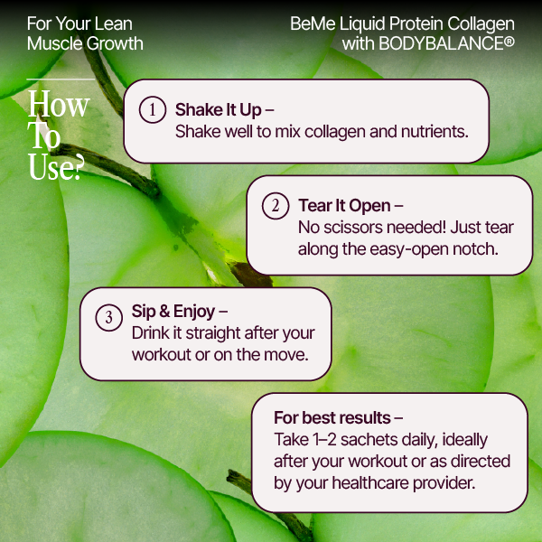 Instructions for using a liquid protein collagen product with green apples in the background