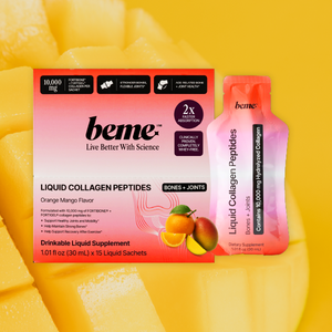 beme liquid collagen peptides packaging with orange mango flavor on a yellow background