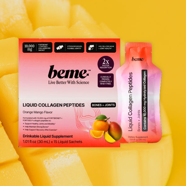 beme liquid collagen peptides packaging with orange mango flavor on a yellow background