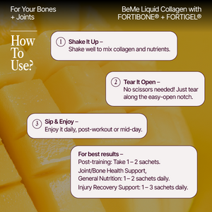 Instructions for using beme liquid collagen with visible ingredients in the background
