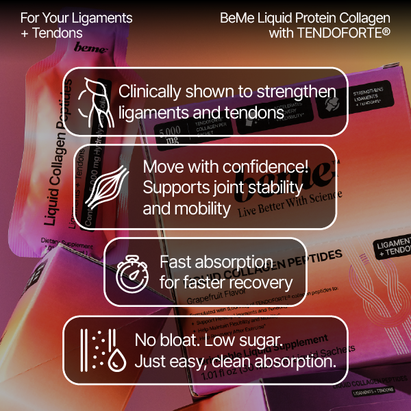 BeMe Liquid Protein Collagen packaging with text highlighting benefits.