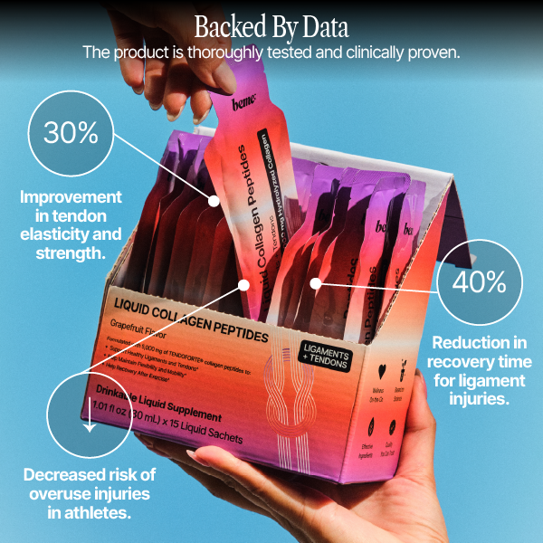 Hand holding a box of liquid collagen peptides with data on benefits.