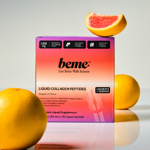 beme liquid collagen peptides box with grapefruit on a light background