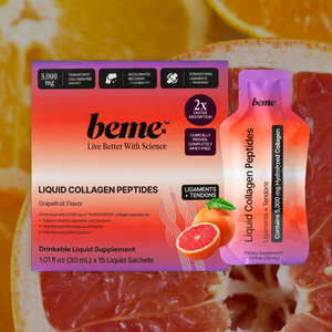 Beme Liquid Collagen Peptides with tendoforte packaging with grapefruit slices in the background