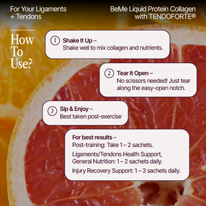 Instructions for using BeMe Liquid Protein Collagen with TENDOFORTE on a grapefruit background
