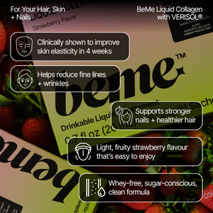 BeMe Liquid Collagen packaging with strawberry flavor, shown on a colorful background.