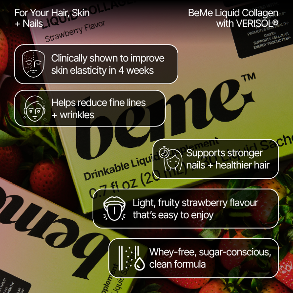 BeMe Liquid Collagen packaging with strawberry flavor, shown on a colorful background.