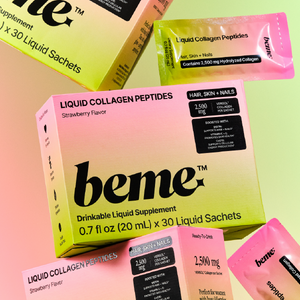 beme liquid collagen peptides packaging on a colorful background