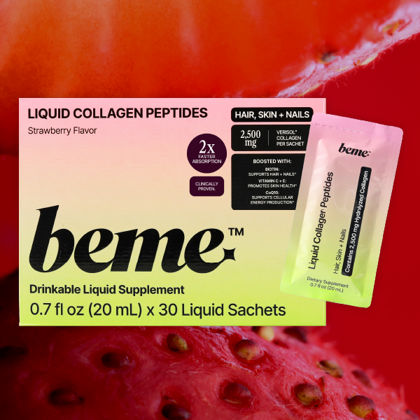beme liquid collagen peptides packaging with strawberry flavor on a red background