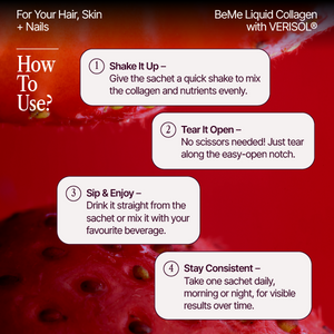 Instructions for using a BeMe Liquid Collagen product with a red background
