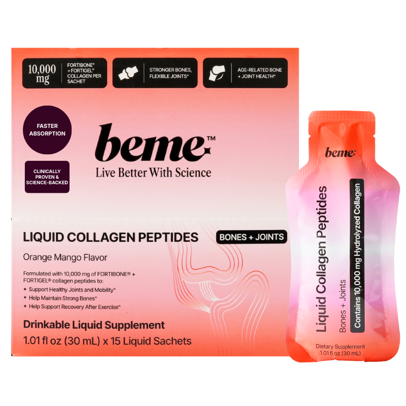 Beme Liquid Collagen Peptides supplement packet with FORTIGEL and FORTIBONE branding on a white background.