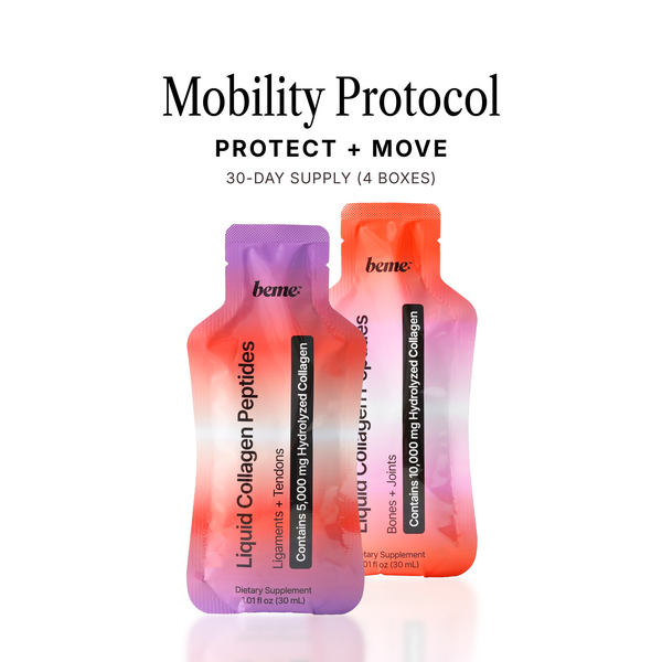 Two bottles of 'beme' Liquid Collagen Peptides with 'Mobility Protocol' text on a white background.
