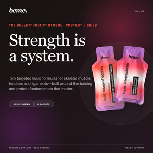 BeMe Bulletproof Protocol with PROTECT and BUILD liquid collagen sachets for muscle, tendons and ligaments
