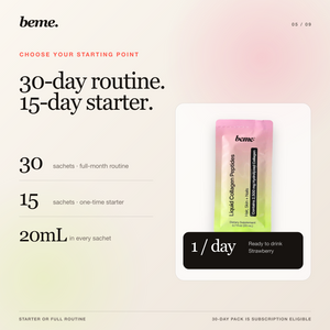 BeMe GLOW 30-day routine and 15-day starter sachet options
