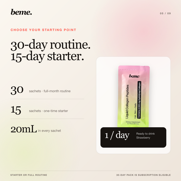 BeMe GLOW 30-day routine and 15-day starter sachet options
