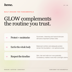 Skincare, balanced nutrition and consistency foundations alongside BeMe GLOW