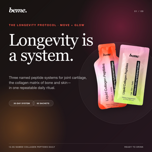BeMe Longevity Protocol with MOVE and GLOW liquid collagen sachets for joint cartilage, bone matrix and skin