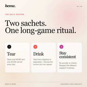 Longevity Protocol two-sachet daily routine: tear, drink and stay consistent