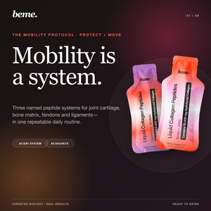 BeMe Mobility Protocol with PROTECT and MOVE liquid collagen sachets for joint cartilage, bone matrix, tendons and ligaments