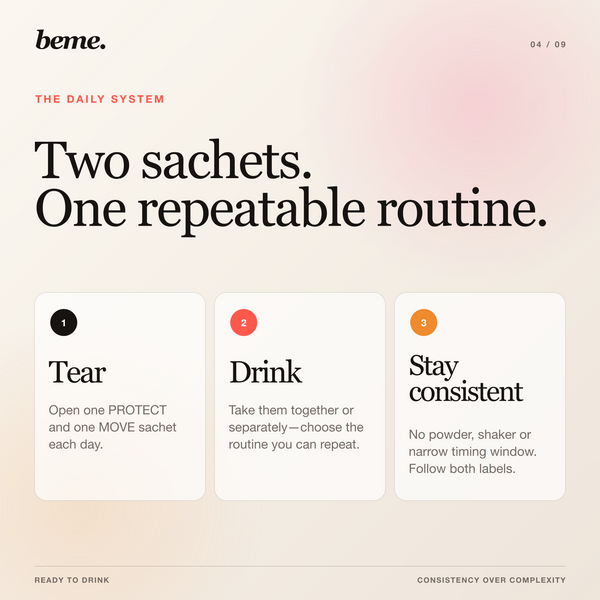 Mobility Protocol two-sachet daily routine: tear, drink and stay consistent