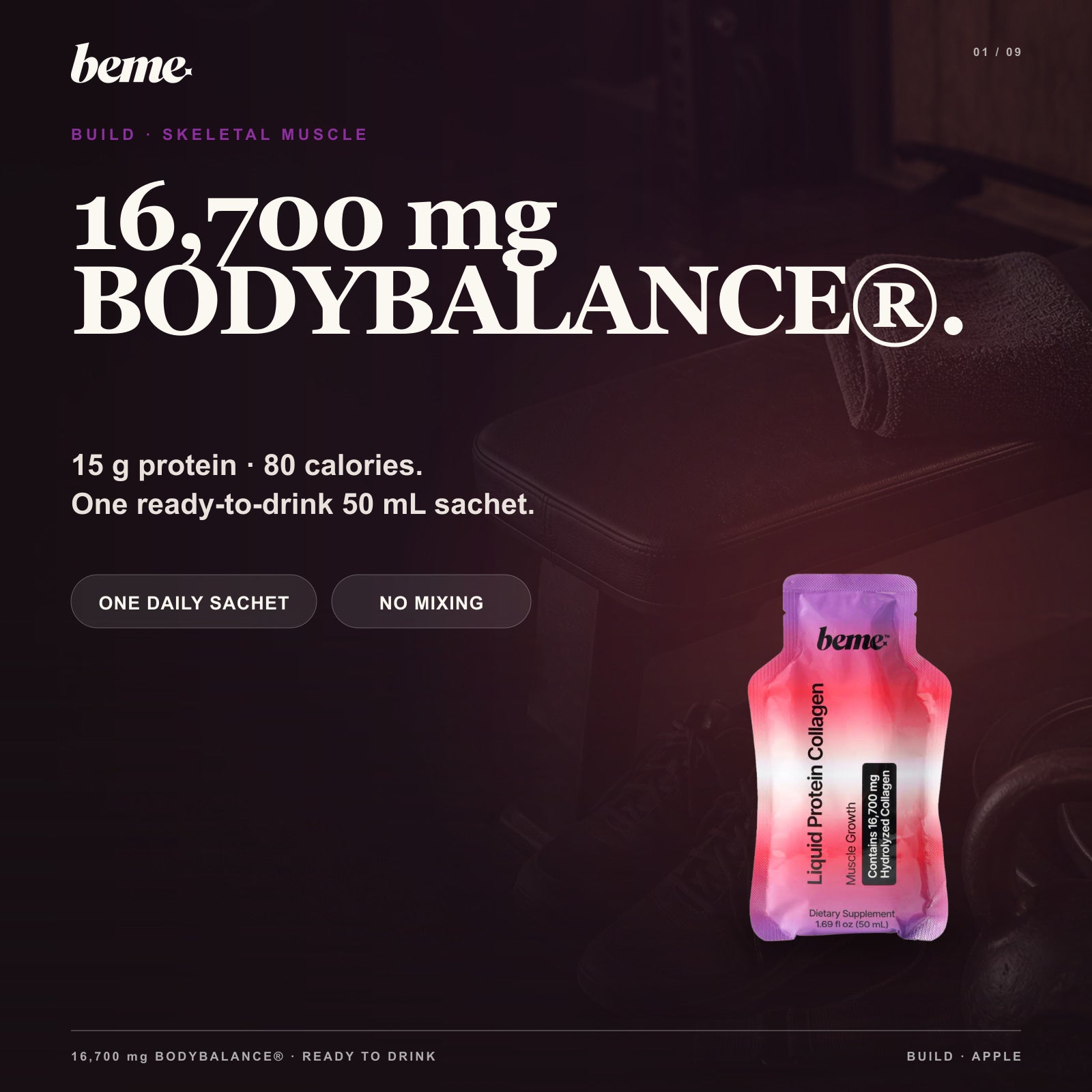 BeMe BUILD sachet with 16,700 milligrams BODYBALANCE, 15 grams protein and 80 calories